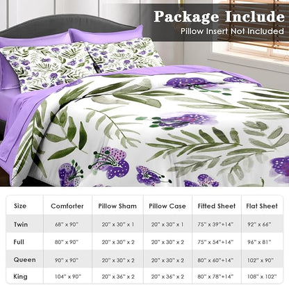 Comforter Set Queen Size, Floral Purple Sage Green 7 Pcs Bedding for Kids and Adults, Botanical Leaf Flower Bed Sheet Sets with Fitted Sheet 2 Pillowcases & 2 Shams for Bedroom Bed Decor
