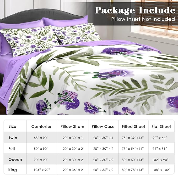 Comforter Set Twin Size, Floral Purple Sage Green 5 Pcs Bedding for Kids and Adults, Botanical Leaf Flower Bed Sheet Sets with Fitted Sheet Pillowcase & Sham for Bedroom Bed Decor