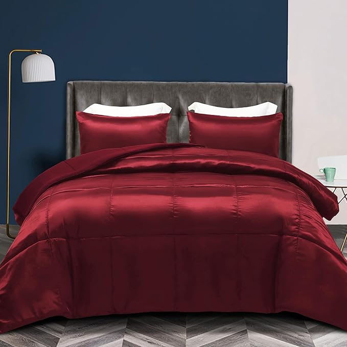 Whale Flotilla 3-Piece Reversible Silky Soft Queen Comforter Bedding Set, Luxurious Satin Comforters Full Size with 2 Satin Pillowcases, Lightweight Duvet for All Seasons, Red