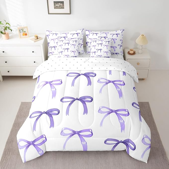 Feelyou Bow Bedding Set for All Season Boys Girls Twin Size Purple Girls Bow 7 Pieces Comforter Sets for Kids Women Men Cute Bowknot Bed in a Bag with Comforter, Sheets, Pillowcases & Cushion Cover
