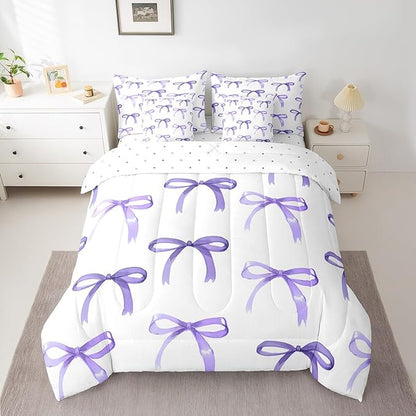 Feelyou Bow Bedding Set for All Season Boys Girls Full Size Purple Girls Bow 7 Pieces Comforter Sets for Kids Women Men Cute Bowknot Bed in a Bag with Comforter, Sheets, Pillowcases & Cushion Cover