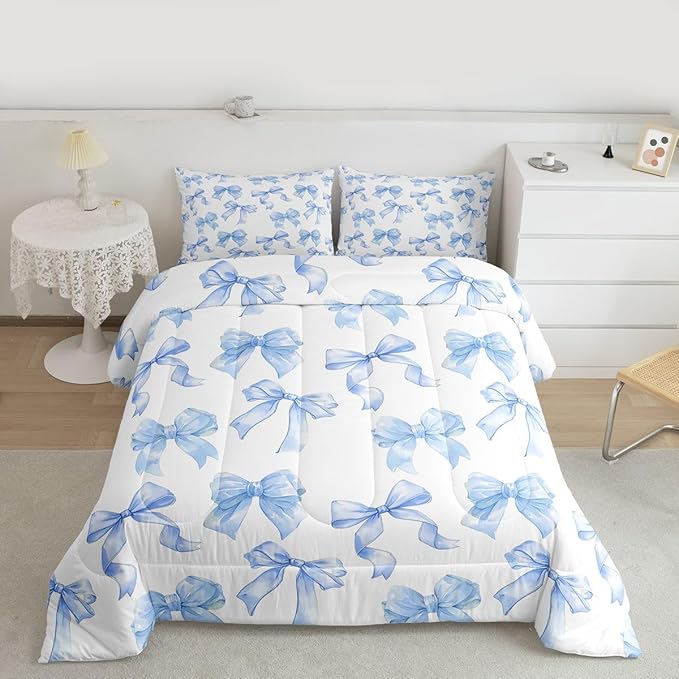 Erosebridal Blue Bow Comforter Set King Size Cute Cartoon Bowknot Bedding Set for Girls,Dreamy Princess Style Down Comforter for Kids Teen Women,Blue Kawaii Girly Coquette Butterfly Knot Quilt