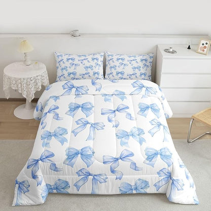 Erosebridal Blue Bow Comforter Set King Size Cute Cartoon Bowknot Bedding Set for Girls,Dreamy Princess Style Down Comforter for Kids Teen Women,Blue Kawaii Girly Coquette Butterfly Knot Quilt