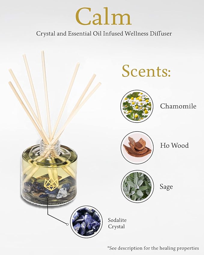 Crystal Infused Reed Diffuser, 4 OZ, Calm - Sodalite Crystal Infused - Scents of Chamomile, Howood, & Sage - Home Decor, House Warming, Room Aesthetic, Stick Perfume, Coffee Table