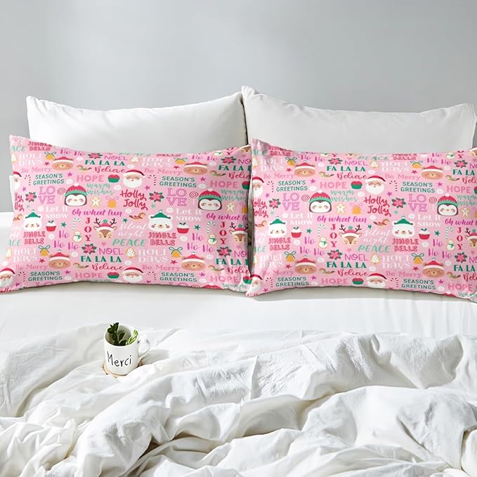 Pink Christmas Girls Bedding Set Twin Size Cute Santa Claus Penguin Cartoon Comforter Set 2pcs for Kids Boys Women Xmas Decor Wild Animals Deer Quilt Set Pink Fantasy Duvet Insert,1 Pillowcase