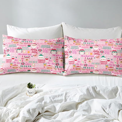 Pink Christmas Girls Bedding Set Twin Size Cute Santa Claus Penguin Cartoon Comforter Set 2pcs for Kids Boys Women Xmas Decor Wild Animals Deer Quilt Set Pink Fantasy Duvet Insert,1 Pillowcase