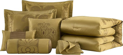 Chezmoi Collection Royale 7-Piece Jacquard Floral Comforter Set, Oversized Queen, Gold