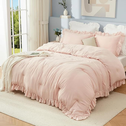 CAROMIO Pink Ruffled Twin Comforter Set, 2PCS Soft Washed Microfiber Lightweight & Fluffy All-Season Bedding Comforter with Vintage French Country Style, Pink, 68x90 in