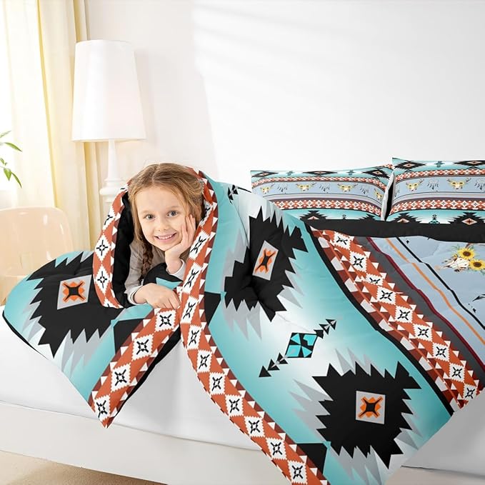 Erosebridal Western Comforter Set Queen, Exotic Bull Skull Bedding Sets Southwestern Quilt, Dream Catchers Feather Duvet Insert, Western Animals Boho Aztec Decor Teal