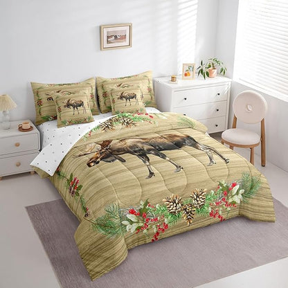 Moose Bed in a Bag King Size Comforter Set 7 Pieces,Woodland Animals Bedding Sets Reindeer Elk Deer Sheet Set with Comforter