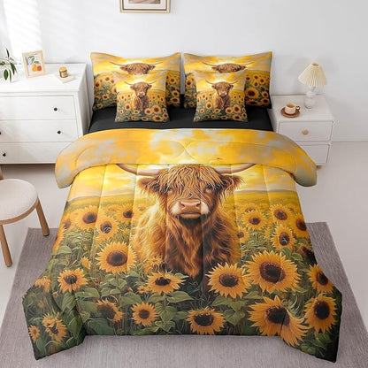 Erosebridal 7Pcs Highland Cow Decor Twin Comforter Set Sunflower Cow Print Bedding Rustic Animal Farmhouse Theme Comforter + Flat Sheet + Fitted Sheet + 2 Pillowcases + 2 Throw Pillow Covers