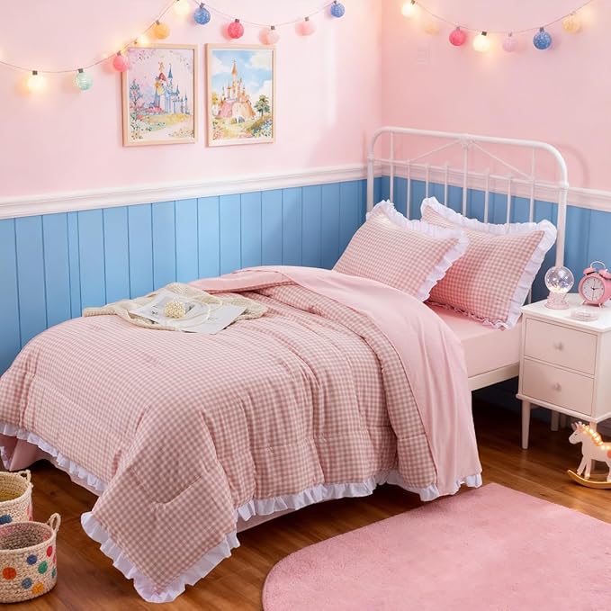 A Nice Night 5 Pieces Lightweight Soft Rustic Pink Ruffle Comforter, Plaid Checkered Chic Bedding Comforter Set for Queen Bed