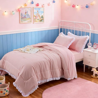 A Nice Night 5 Pieces Lightweight Soft Rustic Pink Ruffle Comforter, Plaid Checkered Chic Bedding Comforter Set for Queen Bed