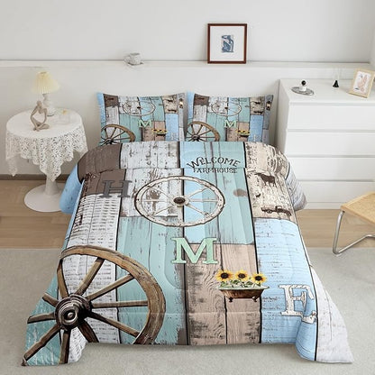 Rustic Farmhouse Bedding Sets For Cabin Lodge Western Country Comforter Set Retro Barn Door Wheel Windmill Quilt Set Full,Farm Animal Sunflower Planks Duvet Insert Blue Grey Brown 2 Pillow Cases