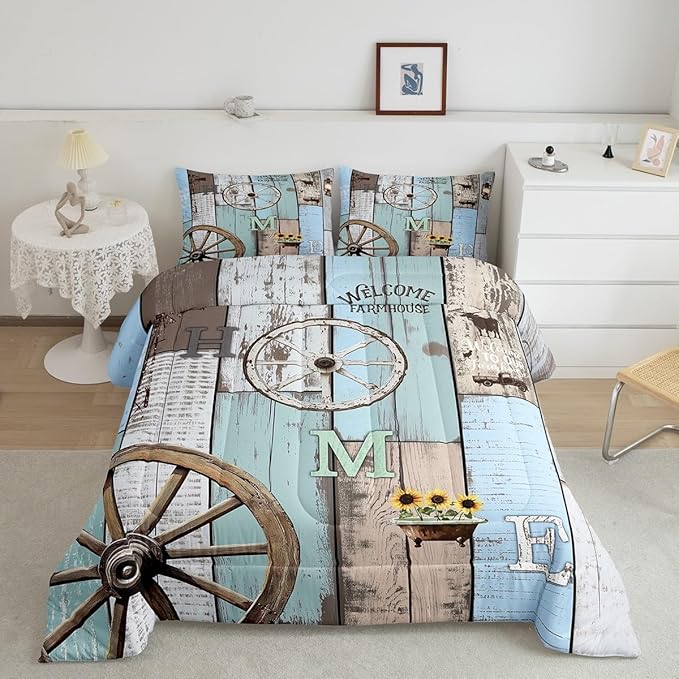 Rustic Farmhouse Bedding Sets For Cabin Lodge Western Country Comforter Set Retro Barn Door Wheel Windmill Quilt Set Twin,Farm Animal Sunflower Planks Duvet Insert Blue Grey Brown 1 Pillow Case