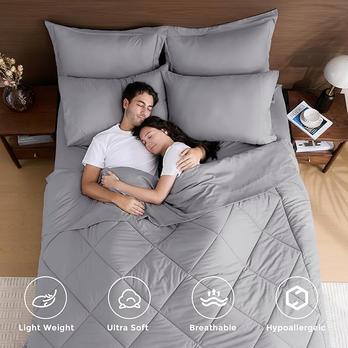 HEVUMYI Light Grey California King Comforter Set - 7-Piece All Season Bed in a Bag Cal King, Ultra Soft Bedding Set with Comforter, Flat Sheet, Fitted Sheet, Pillowcases, Pillow Shams