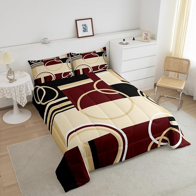 Erosebridal Modern Geometric Comforter Set Red Brown Black Stripes Down Comforter Queen Size Retro Circle Swirls Bedding Set Bedroom Decor Abstract Texture Color Art Comforter for Kids Adult