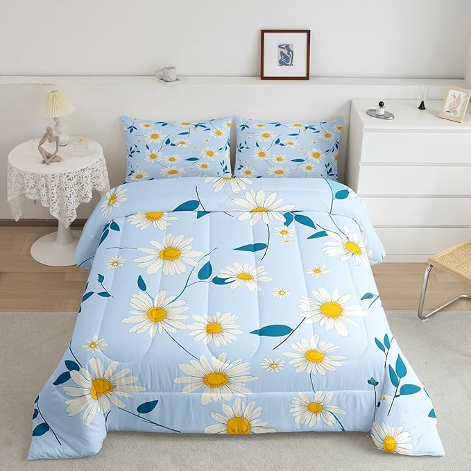 Manfei Cute Daisy Comforter Set King Size, White Flower Blue Leaves Bedding Set 3pcs for Kids Boys Girls Room Decor, Botanical Floral Quilt Set Soft Polyester Duvet Set with 2 Pillowcases
