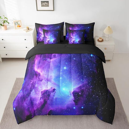 Feelyou Galaxy Comforter Set Full Size 7 Pcs Girls Universe Outer Space Comforter Bed in a Bag Kids Purple Blue Starry Sky Bedding Set for Boys Bed Set with Sheets, Pillowcases, Pillow Covers