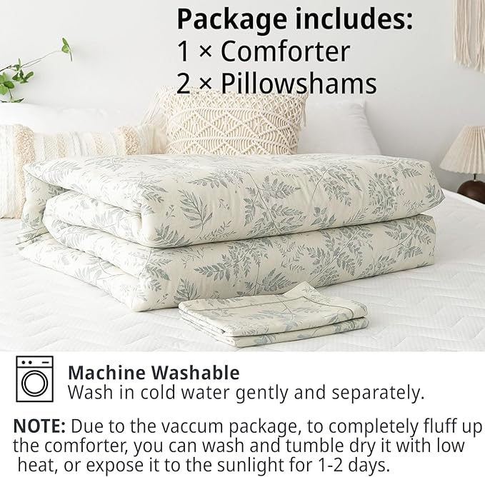Botanical Cotton Comforter Queen Size - Dusty Green Comforter Printed with Luxrious Greyish-Green Ferns on Beige,Reversible Lightweight Bedding Sets 3Pcs(90"×90")