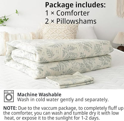 Botanical Cotton Comforter Queen Size - Dusty Green Comforter Printed with Luxrious Greyish-Green Ferns on Beige,Reversible Lightweight Bedding Sets 3Pcs(90"×90")