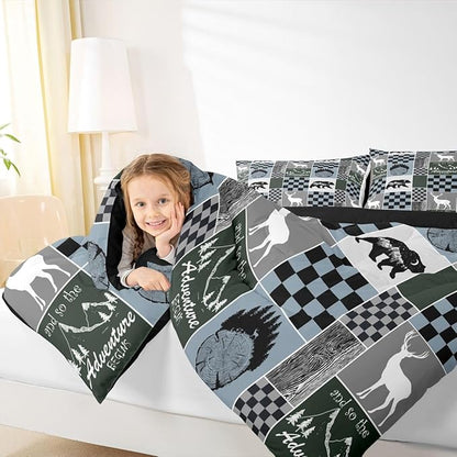 Kids Rustic Deer Comforter Set, Retro Cabin Hunting Bear Bedding Full Size Lodge Buffalo Plaid Quilt Adventure Western Wildlife Bedding Comforter Sets Bear Gifts For Bear Lovers, Blue Gray Black