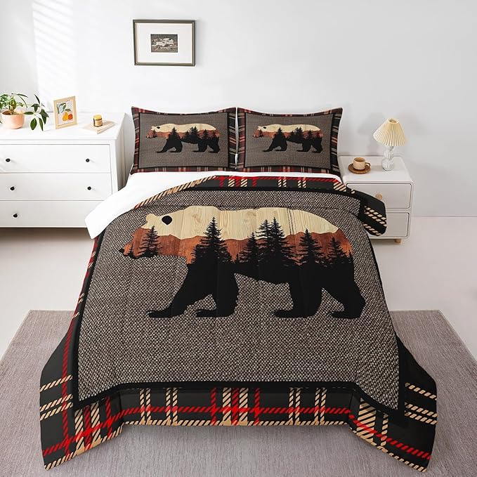 Erosebridal Hunting Bear Comforter Set Twin,Rustic Farmhouse Bedding Comforter Set,Buffalo Plaid Grid Bedding Set for Boys Girls,Kids Woodland Wild Animals Duvet Set Cabin Lodge Decor,Orange Grey