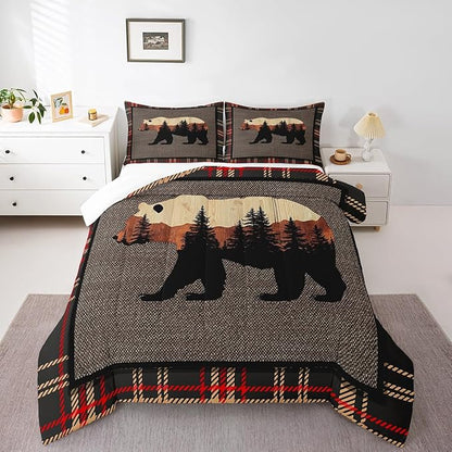 Erosebridal Hunting Bear Comforter Set Queen,Rustic Farmhouse Bedding Comforter Set,Buffalo Plaid Grid Bedding Set for Boys Girls,Kids Woodland Wild Animals Duvet Set Cabin Lodge Decor,Orange Grey