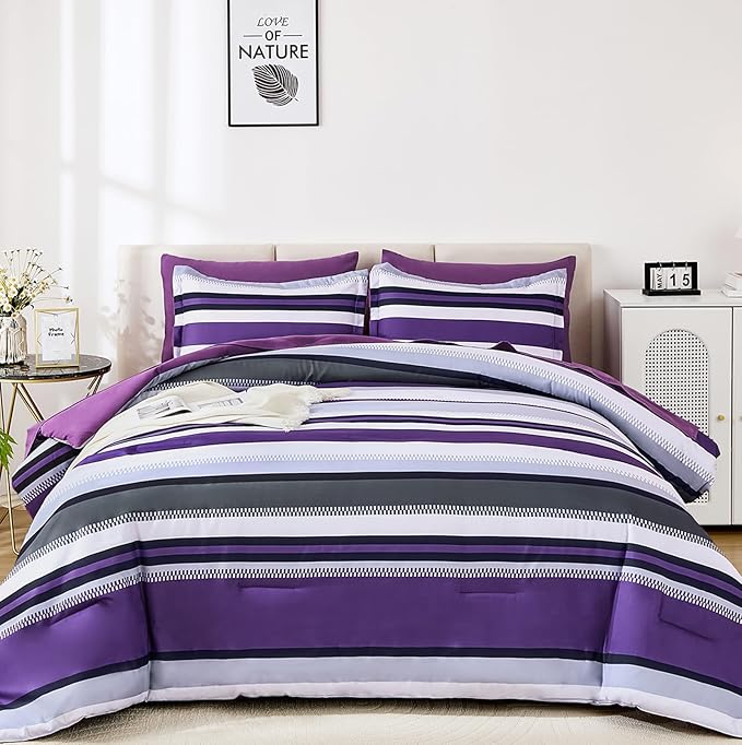 WONGS BEDDING Comforter Set King Size, Purple Bed in a Bag, 7 Pieces Comforter with Sheet Set, Striped Bedding Set for All Seaon (104"×90")