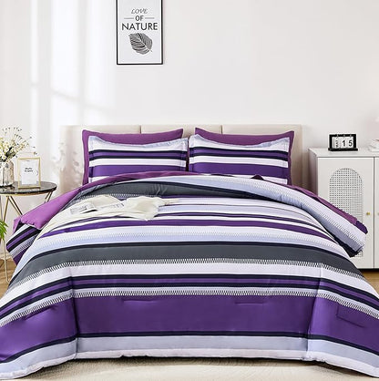 WONGS BEDDING Comforter Set King Size, Purple Bed in a Bag, 7 Pieces Comforter with Sheet Set, Striped Bedding Set for All Seaon (104"×90")