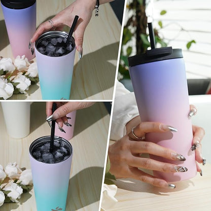 18 OZ Insulated Tumbler with Lid and 2 Straws Stainless Steel Water Bottle Vacuum Travel Mug Coffee Cup,Gray
