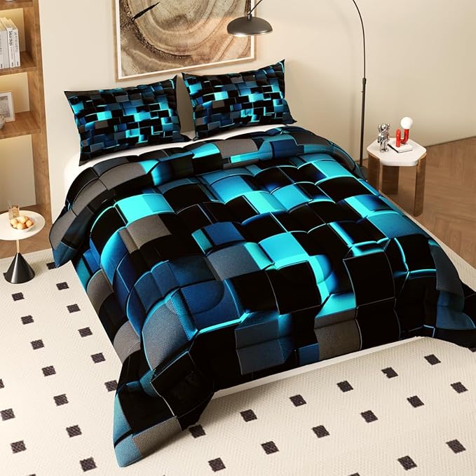Turquoise Black Comforter Set, Light Honeycomb Theme 3D Pattern for Kids Teens Adults,Decorative Bedding Comforter Sets with 2 Pillow Shams, Twin Size