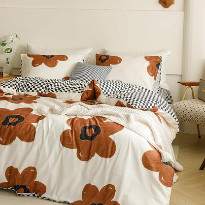 Wellboo Boho Floral Comforter Sets King Pumpkin Sunflower Bedding Set Cotton Women Girls White and Pumpkin Botanical Bed Brown Floral Quilts Large Flower Plant Blankets Watercolor Flower Bohemian Bed