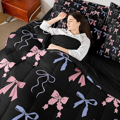 Erosebridal Bow King Comforter Set Ribbon 7-Piece Bed in A Bag Sweet Dreamy Kawaii Bowknot Fairy Sheets and Pillowcases Pink Black Bed Sets