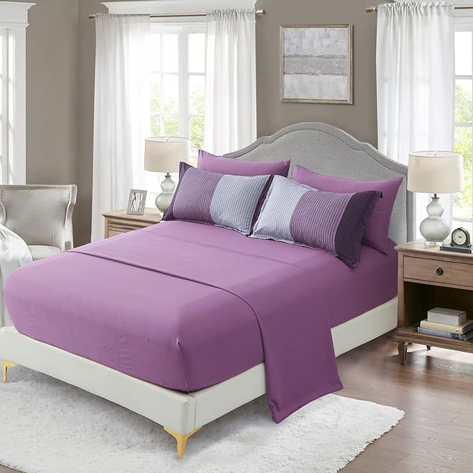 Anibedding Purple King Size Comforter Set 7 Pieces Purple Striped Bed in a Bag, Boho Patchwork All Season Comforter with Sheets, Soft Microfiber Reversible Bedding Set (103"x90")