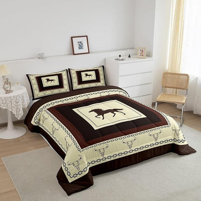 Feelyou Horse Comforter Set for Girls Boys Kids Full Size Western Decor Comforter Room Decorative Wild Western Cowboy Longhorn Skull Rodeo Cowboy Style Bedding Set Brown Duvet Set 3Pcs Quilt Set