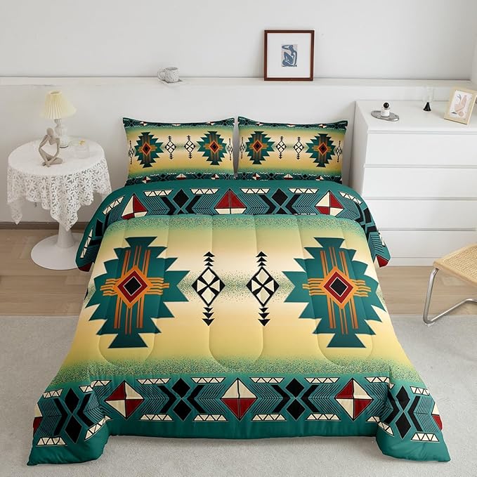 Erosebridal Boys Western Aztec Bedding Set Toddler Size, Native Tribal Ethnic Comforter Set Farmhouse Boho Geometric Duvet Insert Southwestern Ethnic American Native Quilt for Adult Men,Green Yellow