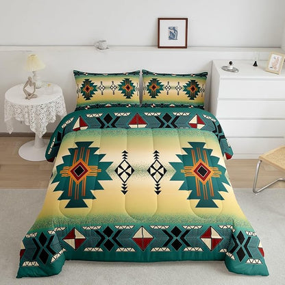 Erosebridal Boys Western Aztec Bedding Set Toddler Size, Native Tribal Ethnic Comforter Set Farmhouse Boho Geometric Duvet Insert Southwestern Ethnic American Native Quilt for Adult Men,Green Yellow