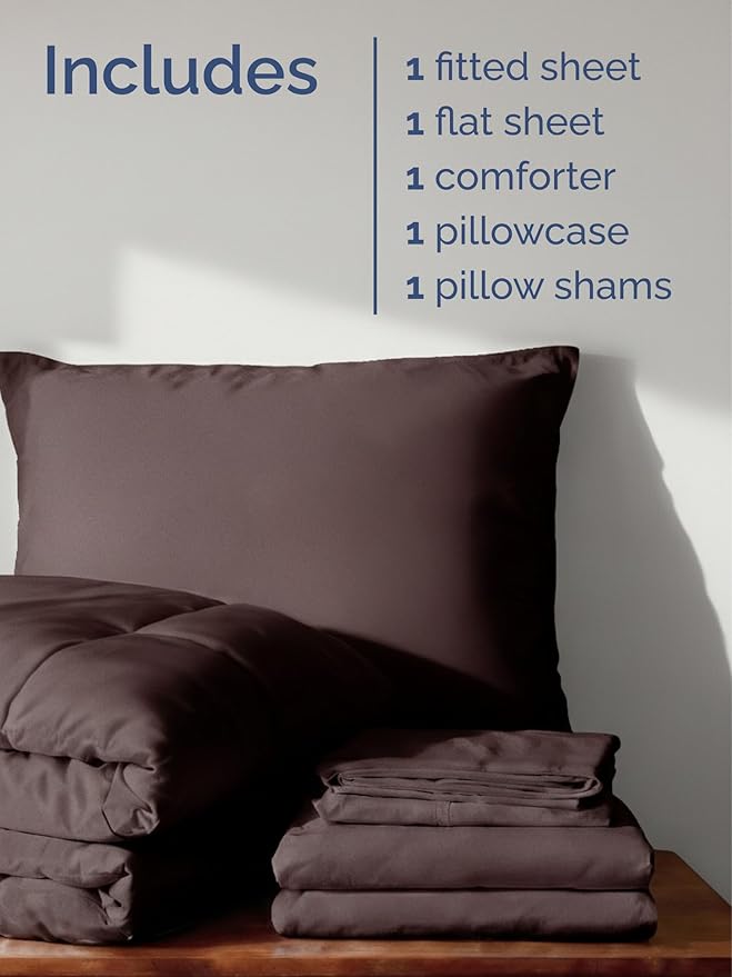 Twin XL Comforter Set - 5 Piece Bed in a Bag Twin XL Size Bed Set - Down Alternative Comforter, Flat Sheet, Fitted Sheet, Pillowcase & Sham for All Seasons - Soft, Comfy and Breathable - Brown/Beige