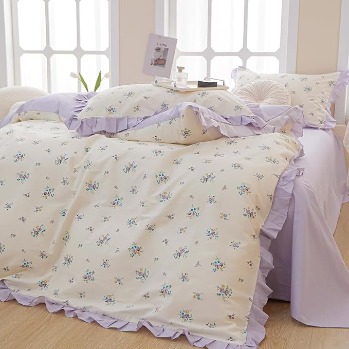 HighBuy Lavender Floral Comforter Set Full Princess Girl Ruffle Bedding Comforter Sets Farmhouse Coquette Cottagecore Bedding Set 1 Flower Comforter with 2 Pillowcases for All Seasons