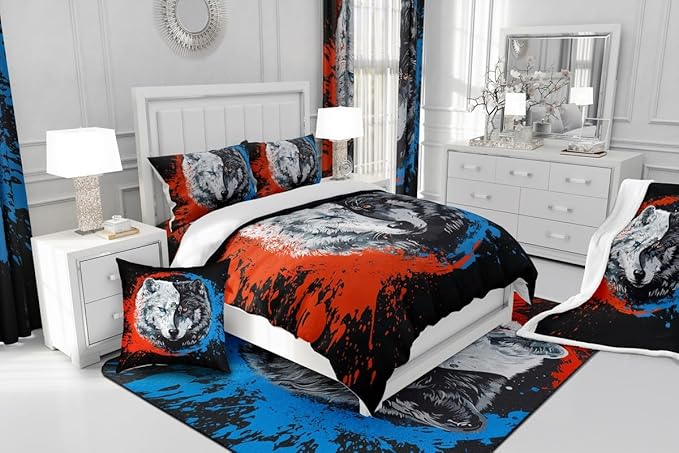 Manfei Tai Chi Wolf Comforter King,Taekwondo Safari Animals Black White Quilt Comforter with 2 Pillowcases,Traditional Chinese Paint Graffiti Red Blue Bedding Set Comfortable,Soft and Breathable
