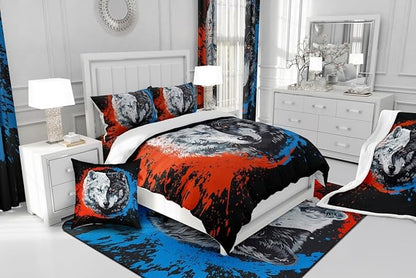 Manfei Tai Chi Wolf Comforter King,Taekwondo Safari Animals Black White Quilt Comforter with 2 Pillowcases,Traditional Chinese Paint Graffiti Red Blue Bedding Set Comfortable,Soft and Breathable