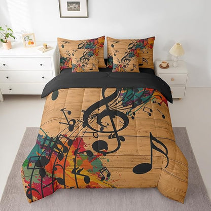 Erosebridal Music Notes 7 Piece Bedding Set Full Size,Graffiti Music Art Bed in a Bag,Vintage Retro Bed Set Includes Comforter, Sheet Set, Pillowcases & Pillow Covers All Season Bedroom Decor