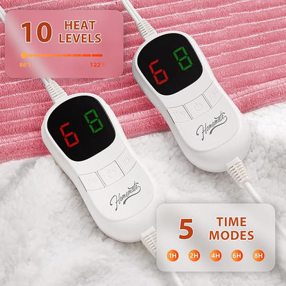 Homemate Electric Heated Blanket Queen Size - 84"x90" Heating Blanket Queen Size Dual Control 1/2/4/6/8 Hours Auto-Off 10 Heat Level Over-Heat Protection Soft Flannel Sherpa ETL Certification