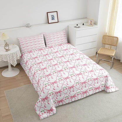 Erosebridal Cute Bow Bedding Set for Girls Kids Teen,Pink Cherry Bowknot King Comforter Set Kawaii Girly Ribbon Bow Down Comforter Pink White Geometric Plaid Bow Bed Set