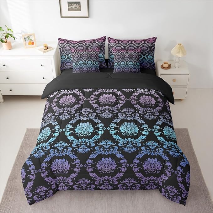 Erosebridal Gradient Rainbow Damask Bed in a Bag King Size Comforter Set 7-Piece | Antique Decor Gothic Vintage Floral Bedding Sets Goth Victorian Comforter and Sheet Set, Luxury Bohemian Room Decor