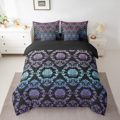 Erosebridal Gradient Rainbow Damask Bed in a Bag King Size Comforter Set 7-Piece | Antique Decor Gothic Vintage Floral Bedding Sets Goth Victorian Comforter and Sheet Set, Luxury Bohemian Room Decor