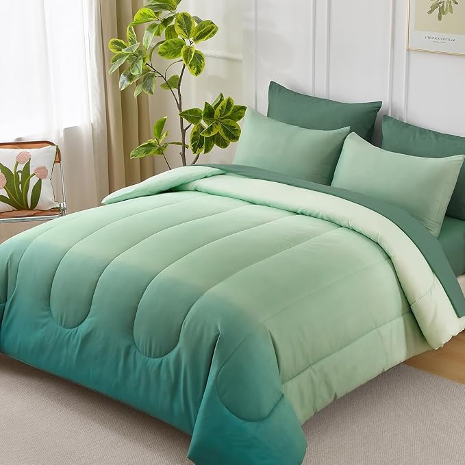 Queen Comforter Set Gradient Green - Bed in a Bag Queen Size 7 Pieces, Luxury Soft Bed Set for All Seasons, Bedding Set with Down Alternative Comforter, Sheets, Pillowcases & Shams