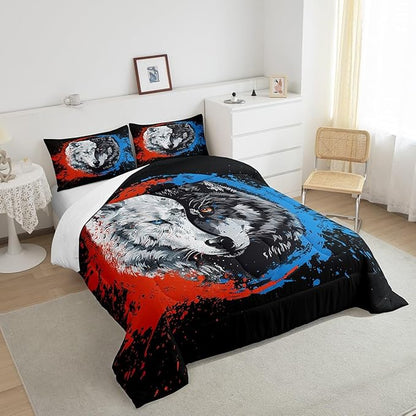 Manfei Tai Chi Wolf Comforter Queen,Taekwondo Safari Animals Black White Quilt Comforter with 2 Pillowcases,Traditional Chinese Paint Graffiti Red Blue Bedding Set Comfortable,Soft and Breathable