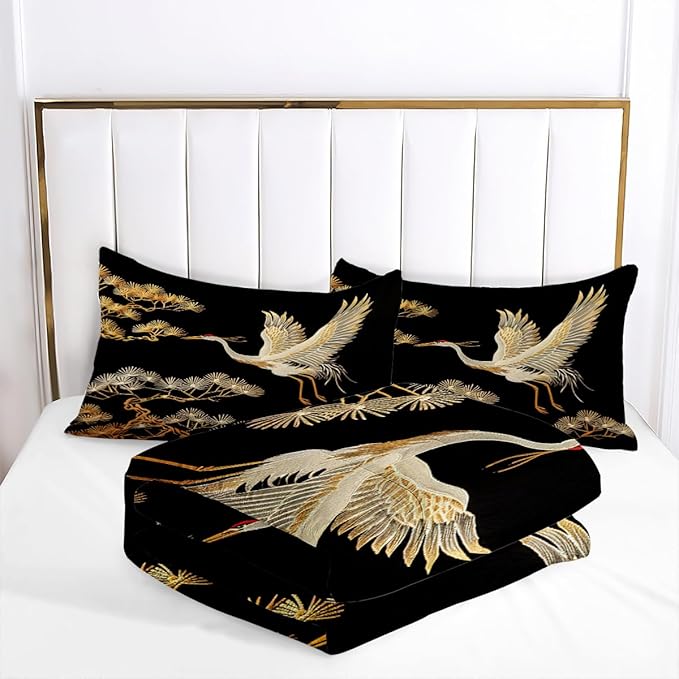 Japanese Style Comforter Set Full Size Black Gold Pine and Crane Bedding Set 3D Vintage Chinoiserie Printing Bedding White Golden Bird Tree Comforter Ultra Soft Lightweight Microfiber